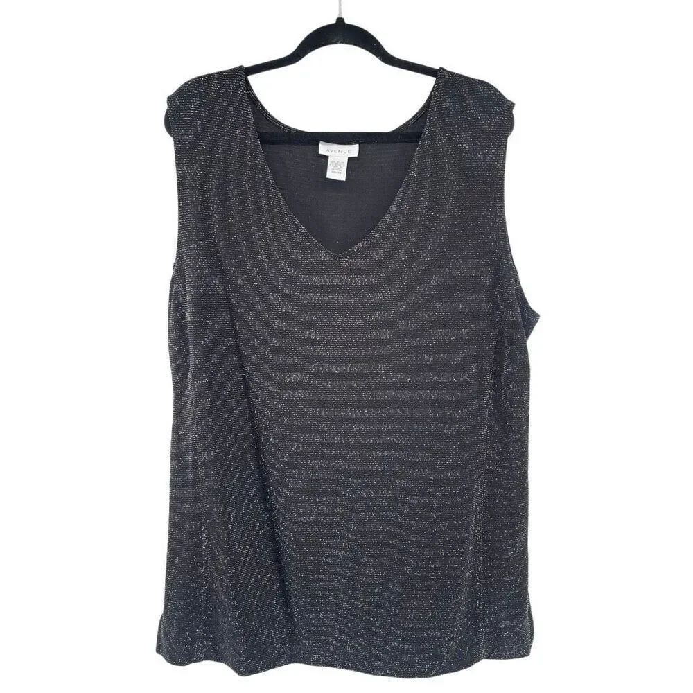 Avenue Black Sparkle Metallic Sleeveless V-Neck Top Plus Size 30/32 Party Glam